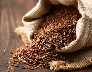 Flax seeds spilled from burlap sack
