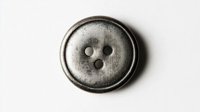 Vintage silver button featuring three holes on a light background, ideal for sewing enthusiasts and costume designers