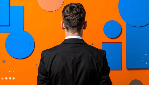Man in suit standing against bright abstract background. Concept of creativity, individuality, and leadership in modern world - Powered by Adobe