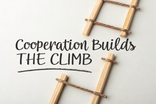 Cooperation Builds The Climb motivational quote with wooden rope ladder concept