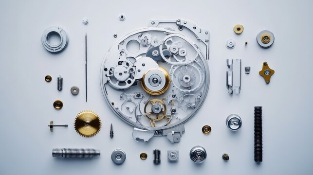 Intricate arrangement of watch parts showcases mechanical engineering and craftsmanship in timekeeping - Powered by Adobe