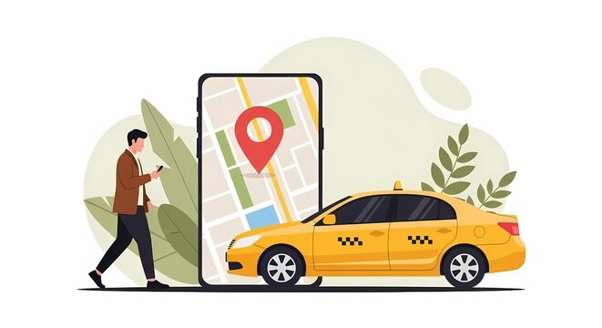 Taxi App Mobile Booking Concept - Man Using Smartphone to Order Yellow Cab