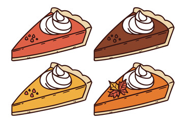 set of Pumpkin pie slice with whipped cream, holiday dessert, silhouette vector illustration