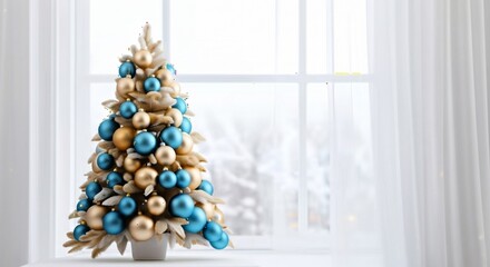 Festive Christmas Tree by Window Decorated with Blue and Gold Ornaments