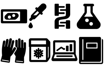 Obraz premium Brutalist Lab Icons. Lab Research silhouette set. microscope slide, pipette, genome sequencing strip, chemical flask, laptop with data, gloves, freezer box, lab notebook.