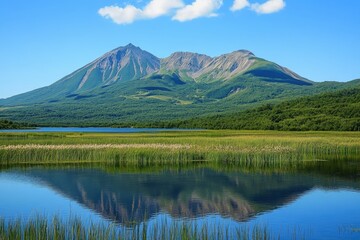 Scenic view of mountains reflecting in tranquil lake under clear blue sky