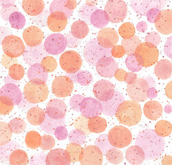 Watercolor painting circle shape, pink and orange bokeh background on paper. illustration for colorful bokeh, colorful circles, party, summer, cover, card, banner. Hand painted texture style.