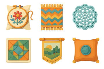 3D Textile Icons. Textile arts icons in 3D color style. embroidered fabric, woven rug, lace pattern, quilt square, tapestry, decorative cushion.
