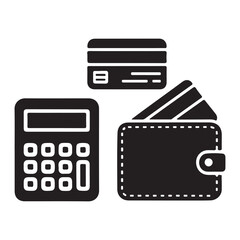 Obraz premium Calculator and wallet silhouette vector icon, finance and accounting tools for business concept design