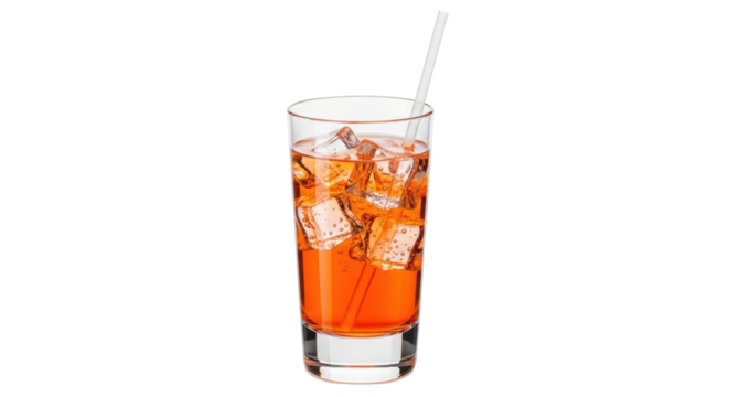 Isolated refreshing orange drink with ice cubes and a straw in a glass against no background