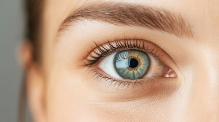 Fototapeta premium Close-up of a mesmerizing green eye with detailed iris patterns and long eyelashes in soft natural light