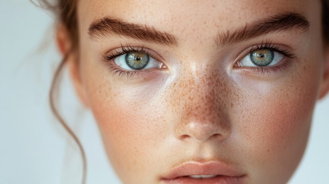 Close-up portrait of a young woman with striking blue-green eyes and freckles in soft lighting