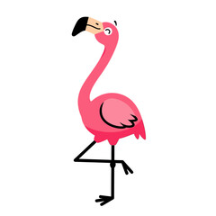 Fototapeta premium Cartoon pink flamingo standing on one leg with playful expression 