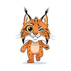 Cartoon lynx character smiling and walking playfully  