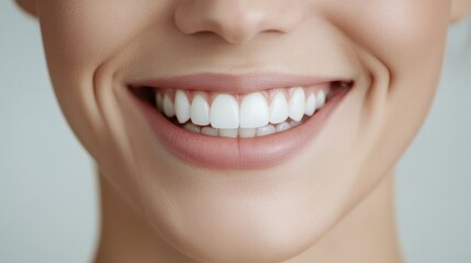 Obraz premium Bright smile of a young woman captured in a close-up portrait, showcasing healthy teeth and joyful expression