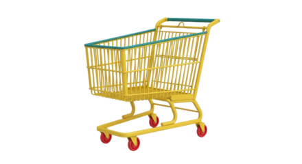 Isolated grocery cart with yellow metal frame and teal handles ideal for retail or advertising