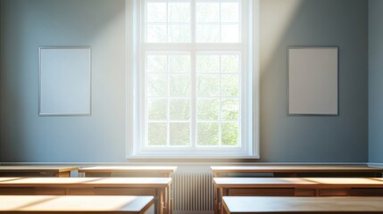 Bright classroom interior with wooden desks and large window during morning light