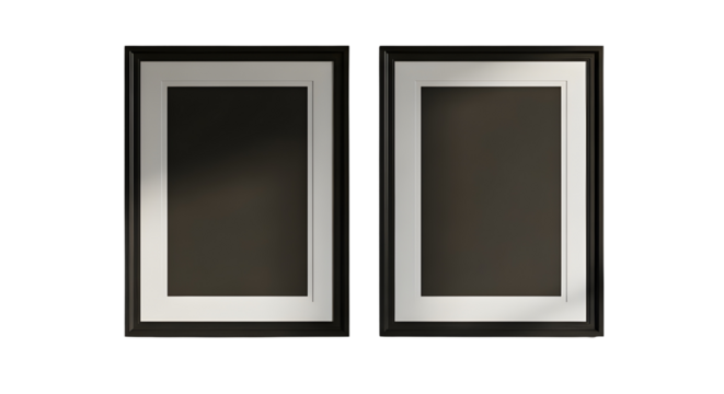 Two black vertical picture frames with white mat isolated on white background for mockup presentation
