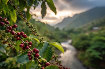 Naklejka premium Close-up of ripe coffee cherries on a branch with blurred river and mountain landscape