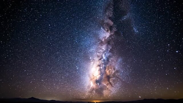 The night sky displays the galaxy, with stars twinkling around the galaxy in the darkness. Silhouetted mountains lie beneath the sky as the galaxy illuminates the landscape.