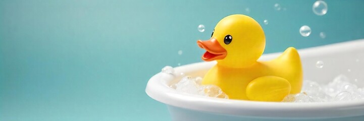 Cheerful Yellow Rubber Ducky in White Bathtub, Ready for Bath Time Fun