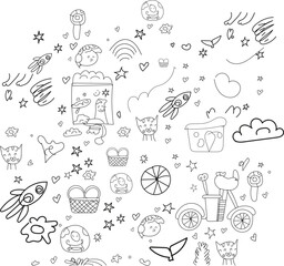 Whimsical hand drawn space themed collage featuring astronauts rockets planets stars and more