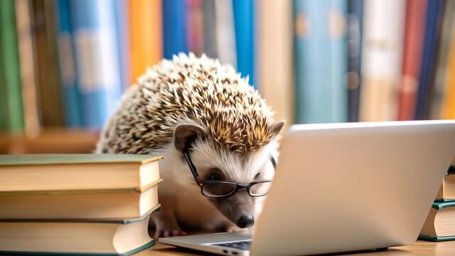 Hedgehog wearing glasses looking at a laptop in a library