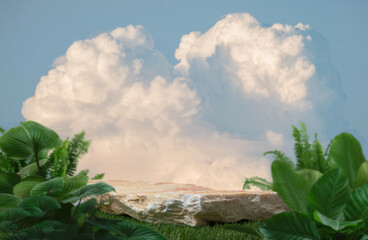 Surreal stone podium with green grass white clouds on blue sky nature forest background.Product present natural placement pedestal minimal display,paradise dreamy concept.