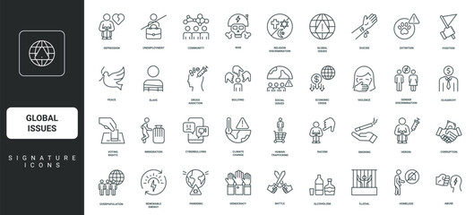 Problem of addiction, refugee and violence to people thin black and red outline symbols vector illustration Global issues, poverty and social discrimination, racism and economic crisis line icon set.