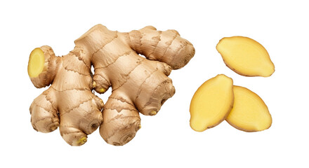 Isolated ginger root and slices, a healthy culinary ingredient for fresh food preparation