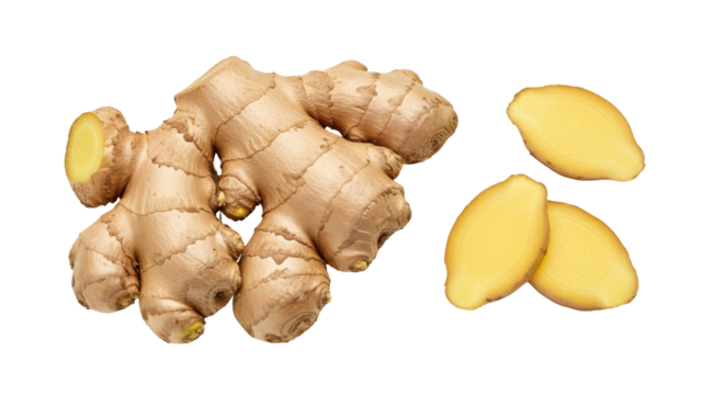 Isolated ginger root and slices, a healthy culinary ingredient for fresh food preparation