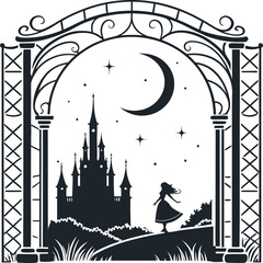 Magical Fairytale Princess Silhouette at Castle Under Crescent Moon and Stars, Ornate Arch Fantasy Vector Illustration for Storybook Cover, Poster, or Children’s Wall Art