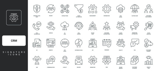 AI and chat, market segmentation thin black and red outline symbols vector illustration CRM, customer relationship management, sales and marketing automation, interaction with client line icon set.