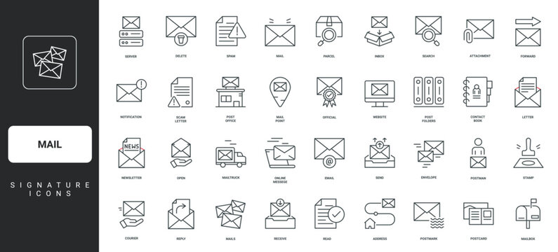 Receive and send letter, open envelope with newsletter thin black and red outline symbols vector illustration Mail and email, parcel and address, postcard and post office, postmark line icon set.