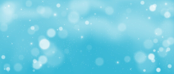 Twinkling white shining bokeh particles in blue sky with white clouds, Snow is falling, Vector background with sparkles on blue.