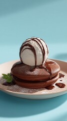 Decadent chocolate pancakes topped with a scoop of vanilla ice cream, drizzled with rich chocolate sauce and dusted with cocoa powder, served on a minimalist ceramic plate