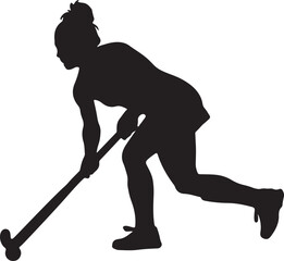 Silhouette of a hockey player in action with stick and puck.

A black silhouette of a hockey player in a dynamic pose, stick raised, with a puck at their feet on a white background.
