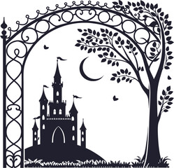 Enchanted Castle Silhouette Under Crescent Moon with Ornate Decorative Arch and Tree – Fairytale Fantasy Vector Illustration for Storybooks, Posters, or Children’s Wall Art