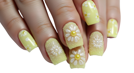 Woman's hand showing elegant yellow glitter nail art with white daisy flowers isolated on white background