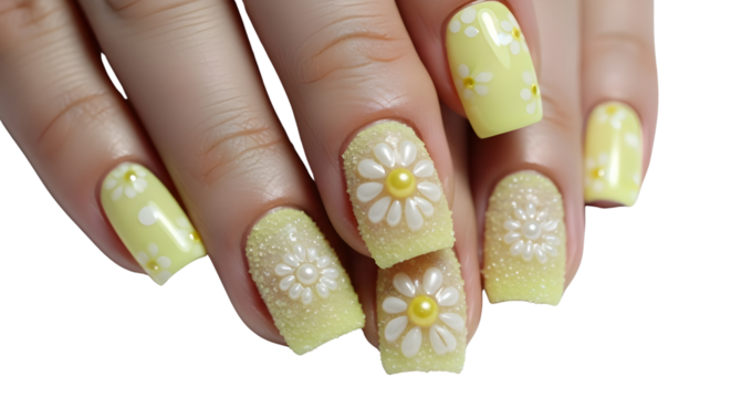 Woman's hand showing elegant yellow glitter nail art with white daisy flowers isolated on white background - Powered by Adobe