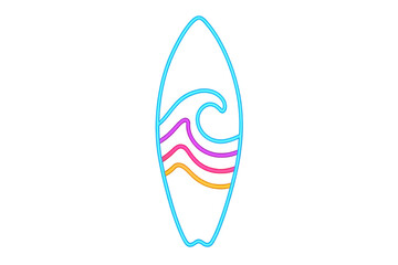 Neon glowing surfboard with ocean wave design