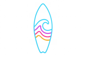 Neon glowing surfboard with ocean wave design