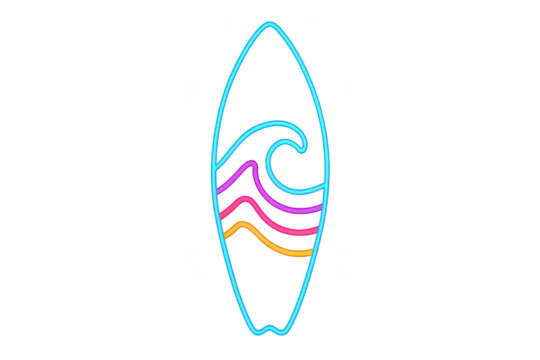 Neon glowing surfboard with ocean wave design