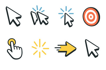 Digital Click Icons. Click frenzy isometric set. mouse pointer, double cursor, rapid clicks, target icon, clicking hand, burst lines, fast motion arrow, glowing pointer.