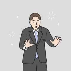 Illustration of a male office worker calming down a situation with his hand gesture