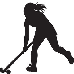 Silhouette of a hockey player in action with stick and puck.

A black silhouette of a hockey player in a dynamic pose, stick raised, with a puck at their feet on a white background.
