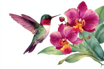 Fototapeta premium Exquisite Hummingbird Artwork Surrounded by Tropical Orchids and Lush Green Leaves on a White Canvas