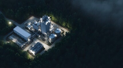 Illuminated industrial facility surrounded by a dark forest at night under atmospheric mist