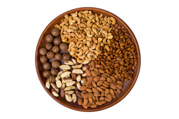 Ceramic bowl full of mixed nuts isolated on white background.