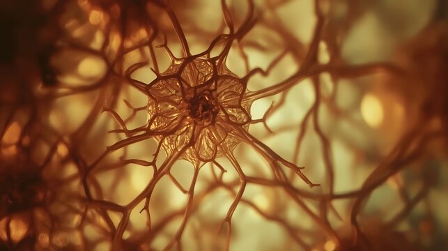 Hypnotic abstract digital rendering of a central neuronal cell or brain neuron with extending dendrites, glowing in warm amber and brown tones with a shallow depth of field - Powered by Adobe